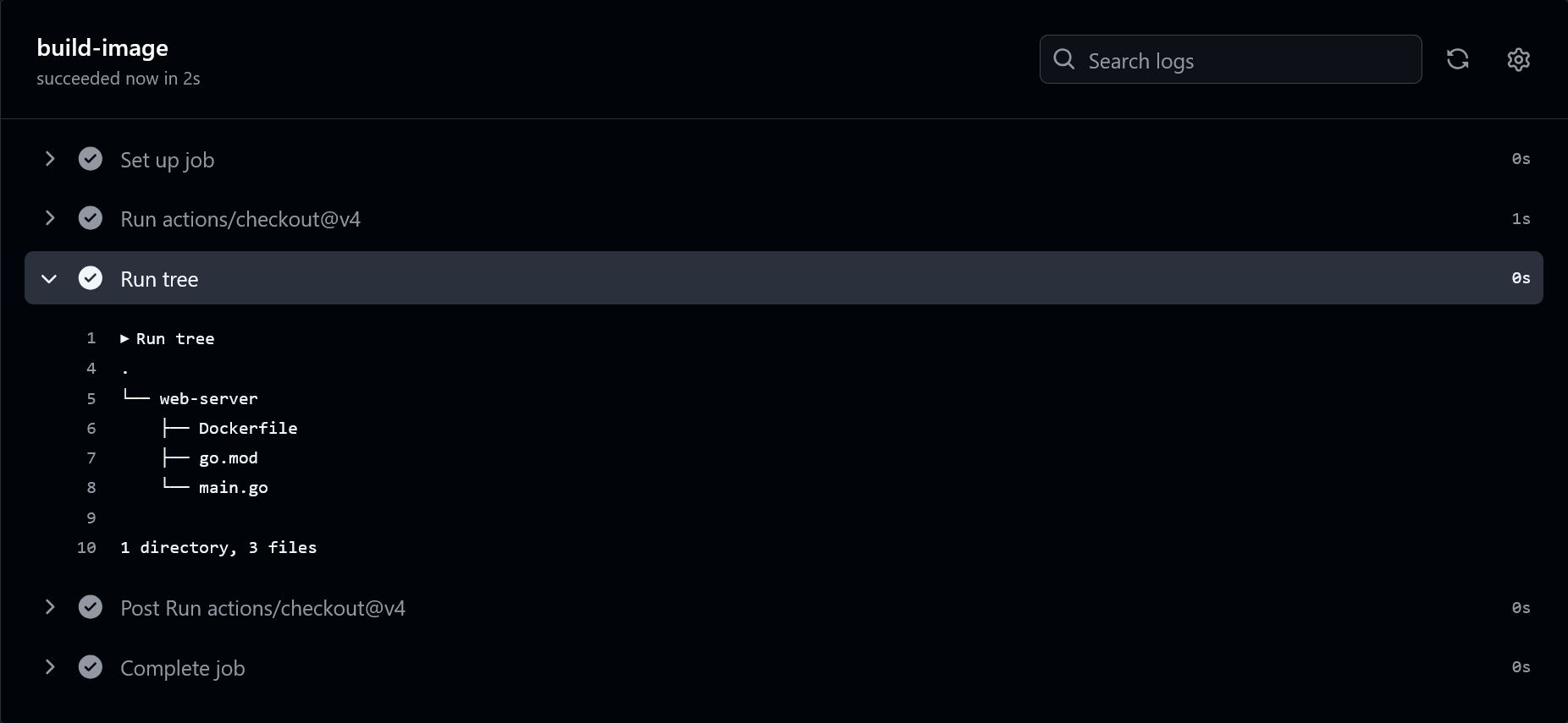 output from the 'run: tree' step showing the repo's files on the runner