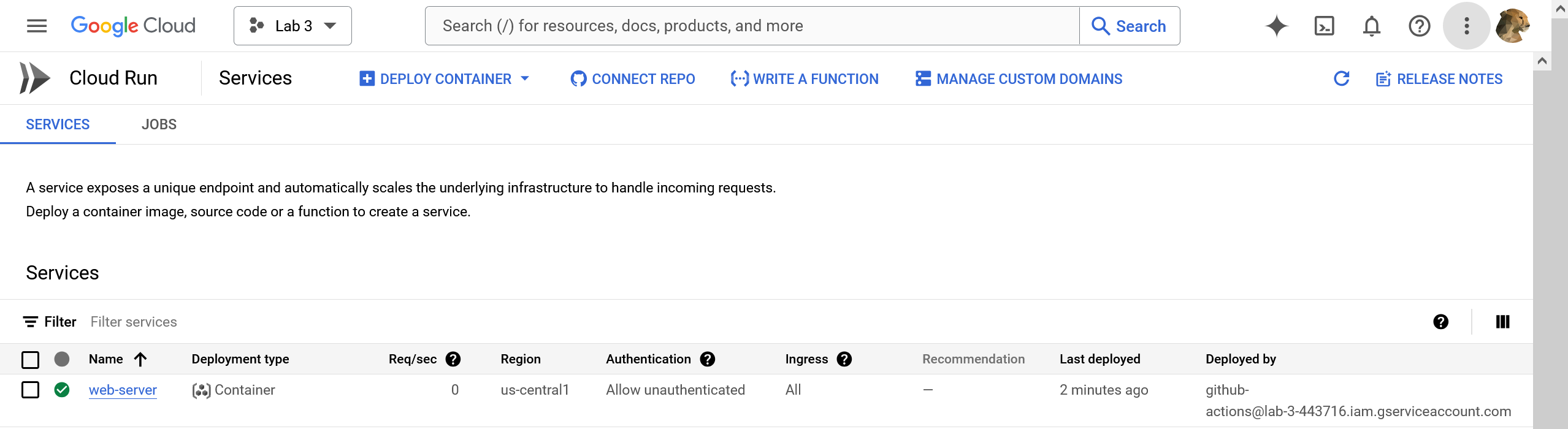 The service in the Cloud Run management screen